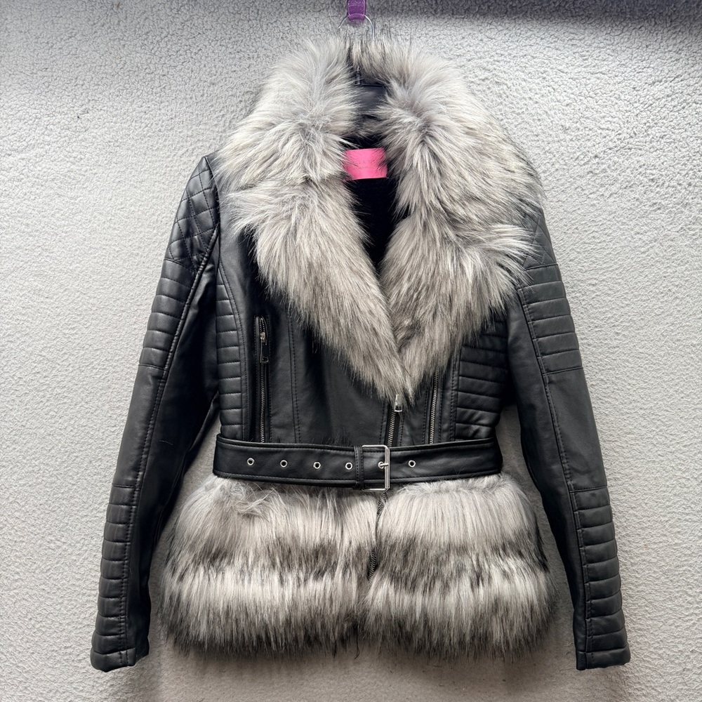 Azalea Wang Empire Bonded Faux Leather Fur Moto Long Sleeve Bomber Jacket Size L - Picture 2 of 13